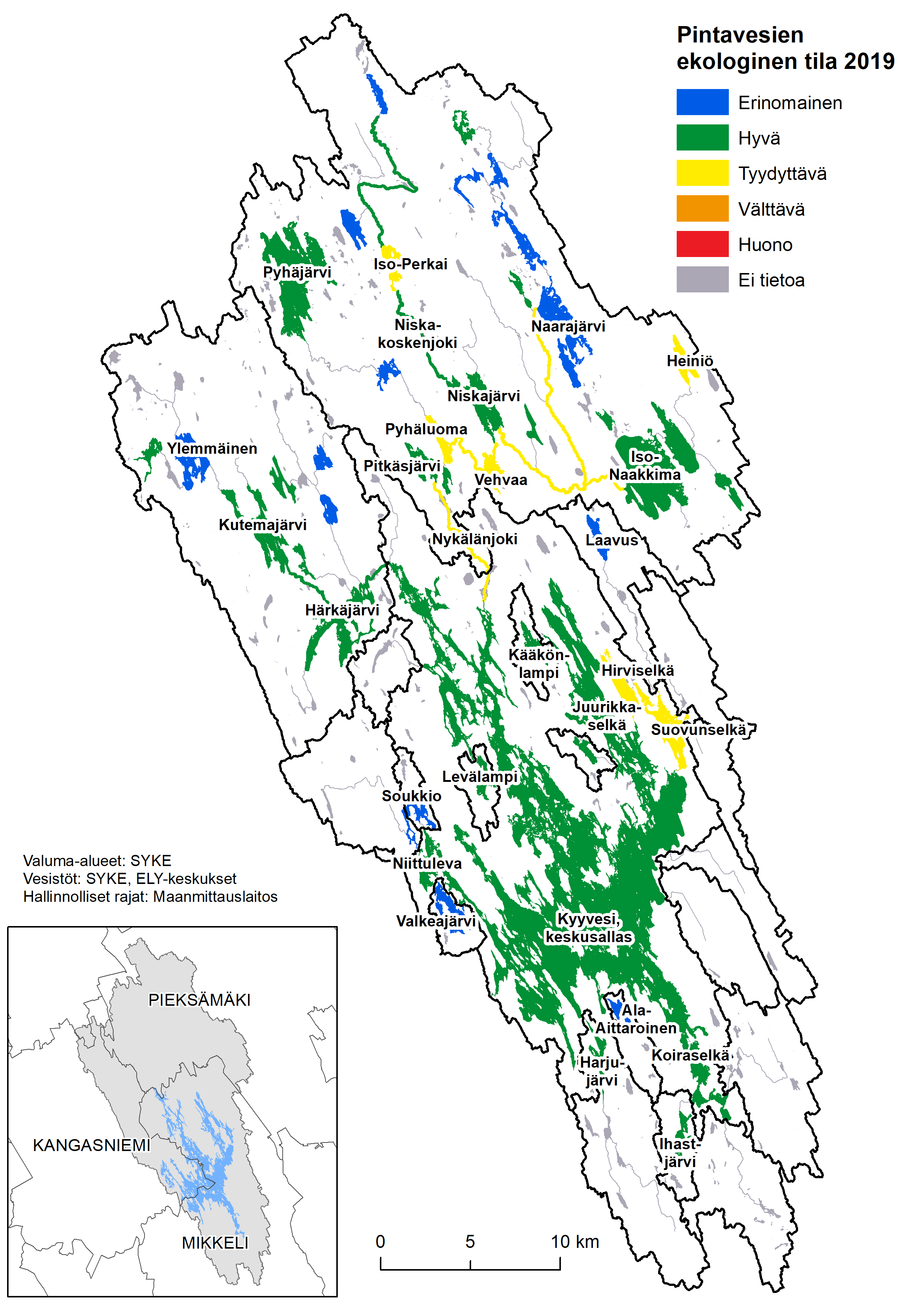 Kyyveden valuma-alueen rajat sekä vedenlaadun ekologinen luokittelu 2019