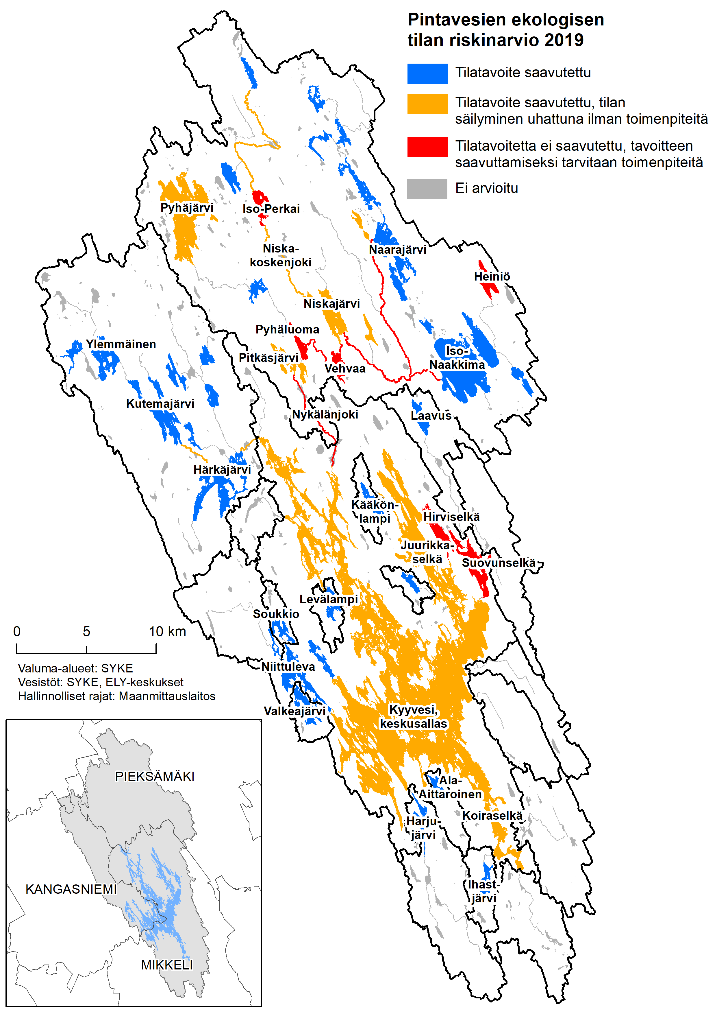 Kyyveden valuma-alueen rajat sekä vedenlaadultaan heikentymisriskissä olevat vesistön osat 2019